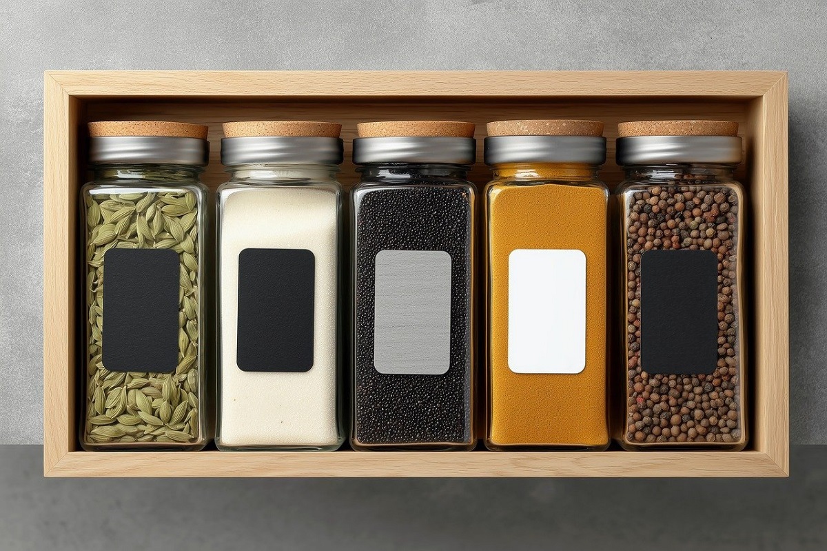 wall-mounted wooden rack with spices in jars and blank labels, ready for customization