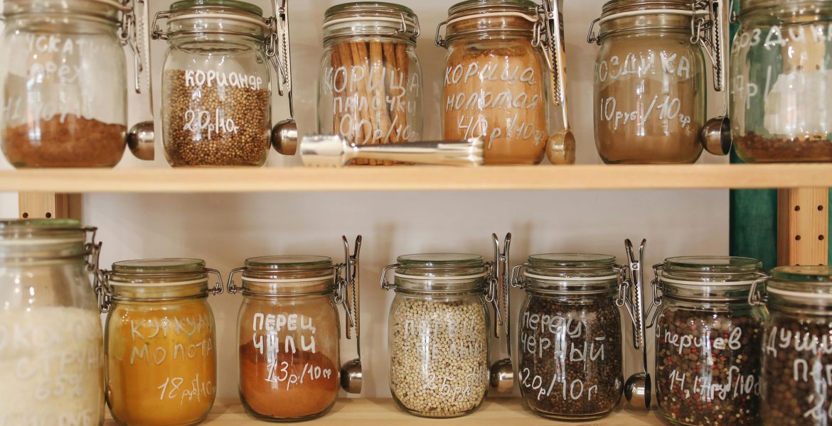 kitchen storage with spices in mason jars