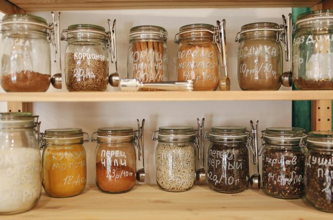 kitchen storage with spices in mason jars